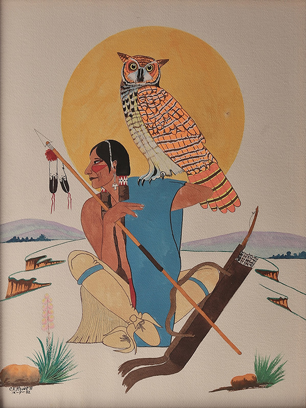 Seated hunter with owl on shoulder