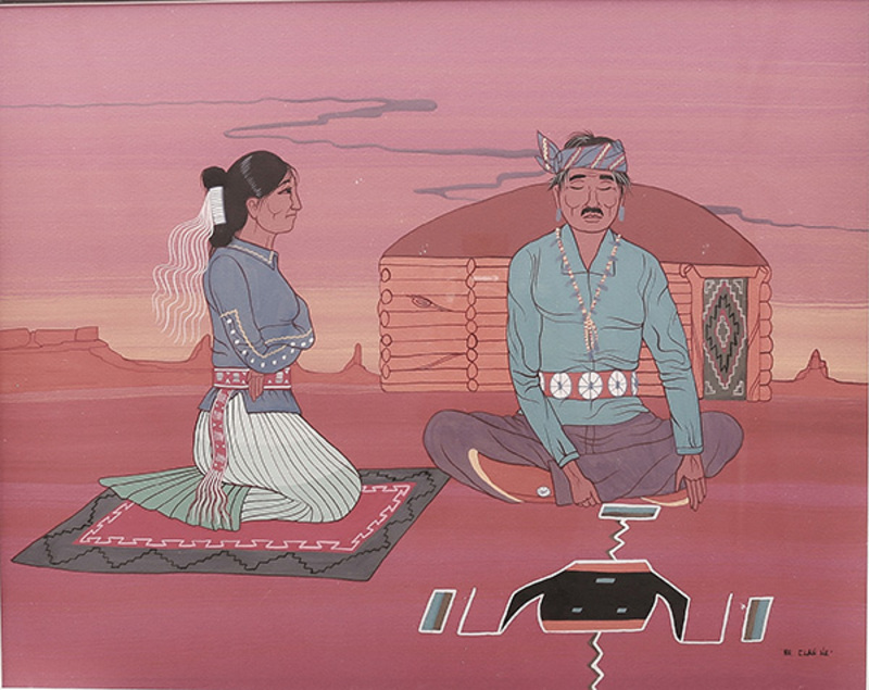 Navajo couple seated by sandpainting