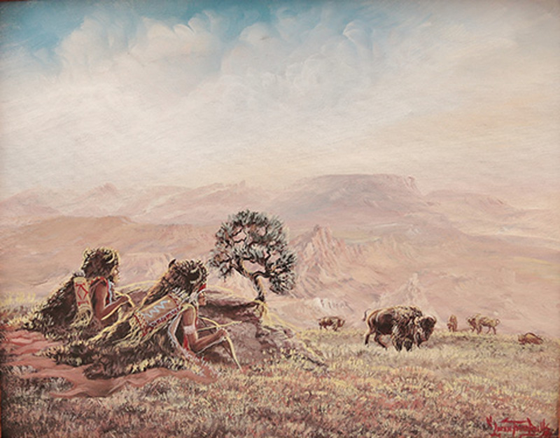 Two hunters stalking buffaloes