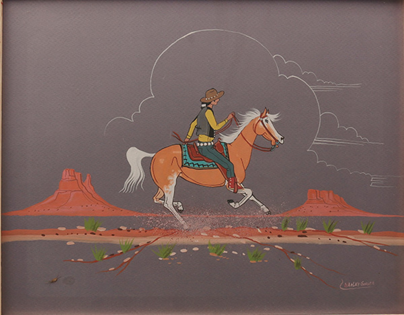 Navajo man riding horse in desert (Yazzie)