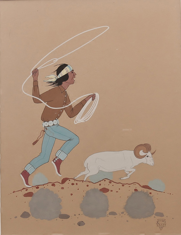 Young Navajo boy lassoing ram