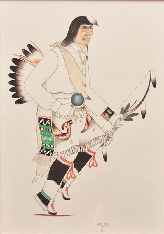 Pueblo dancer with rattle and bow