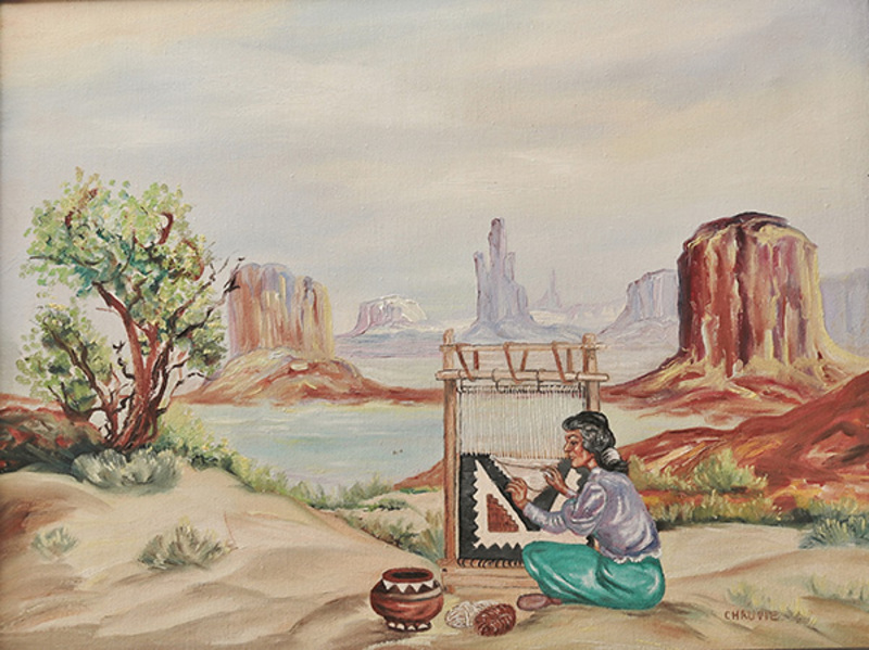 Navajo woman weaving outdoors