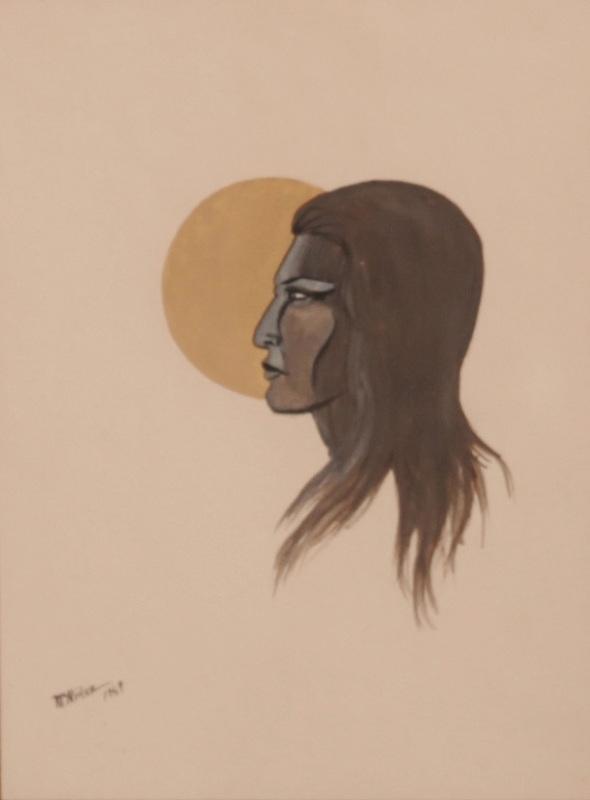 Profile of woman in front of sun