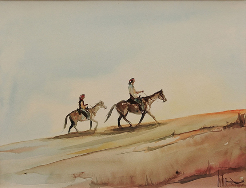 Two Pueblo men riding horses in desert