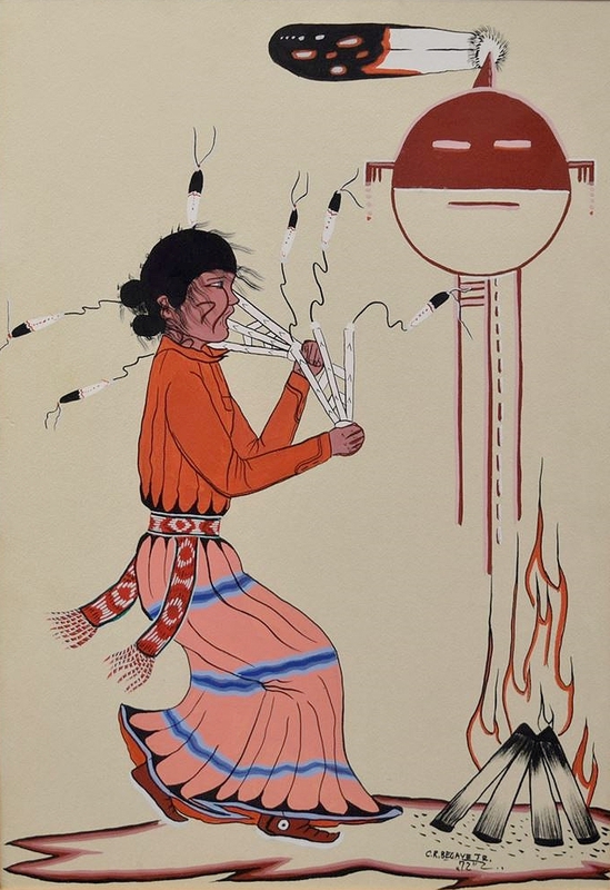 Navajo woman dancing in front of fire