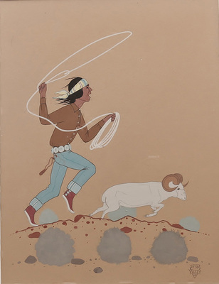 Young Navajo boy lassoing ram