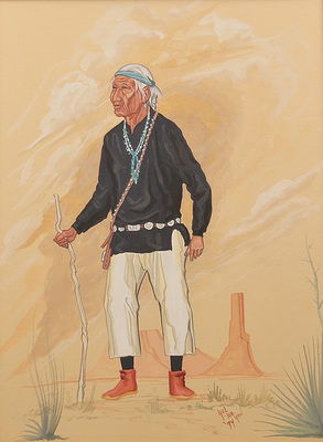 Old Navajo man walking in desert