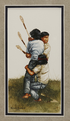 Three young men playing stickball